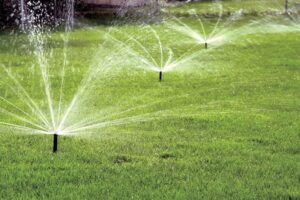 Sprinkler systems watering lush green lawn, showcasing landscape design features for outdoor projects by Soft Wind Landscape & Masonry.